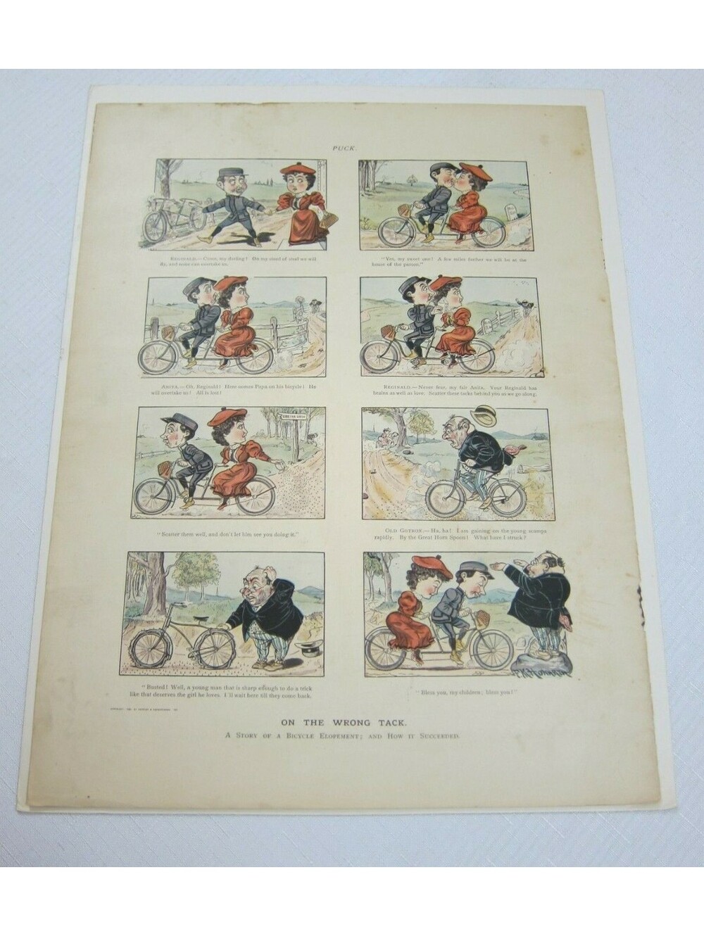 Antique 1894 Puck Magazine Bicycle Cartoon "On the Wrong Track" 14x10.5 RARE